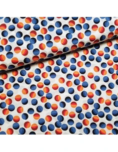 Tissu, Viscose Imprimé Balles, Rouge Bleu Écru, Laize 142 cm, 100% Viscose 122g/m²