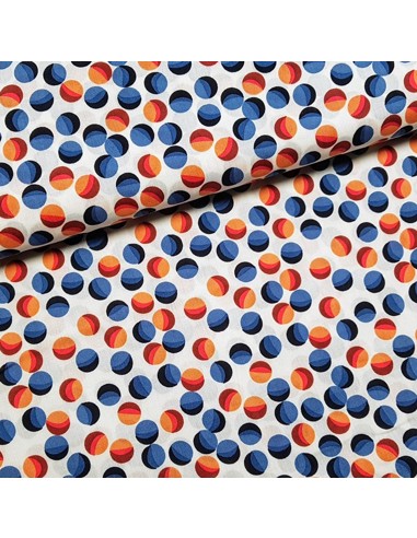 Tissu, Viscose Imprimé Balles, Rouge Bleu Écru, Laize 142 cm, 100% Viscose 122g/m²
