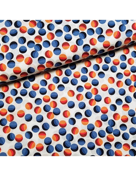 Tissu, Viscose Imprimé Balles, Rouge Bleu Écru, Laize 142 cm, 100% Viscose 122g/m²