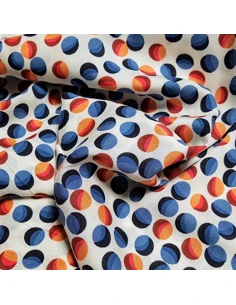 Tissu, Viscose Imprimé Balles, Rouge Bleu Écru, Laize 142 cm, 100% Viscose 122g/m² 2