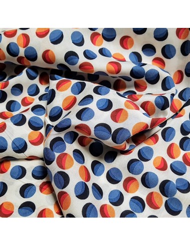 Tissu, Viscose Imprimé Balles, Rouge Bleu Écru, Laize 142 cm, 100% Viscose 122g/m²