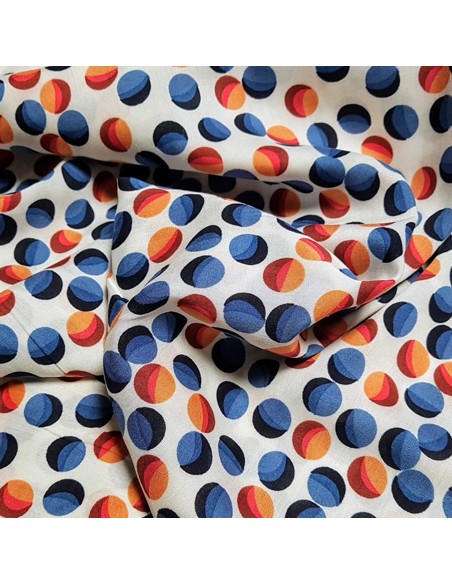 Tissu, Viscose Imprimé Balles, Rouge Bleu Écru, Laize 142 cm, 100% Viscose 122g/m²