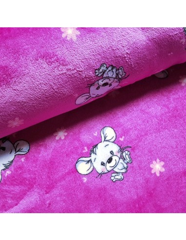 Tissu, Polaire Doudou Imprimé Souris, Rose Fuchsia, Laize 150 cm, 100% Polyester 280g/m²