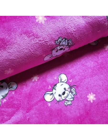 Tissu, Polaire Doudou Imprimé Souris, Rose Fuchsia, Laize 150 cm, 100% Polyester 280g/m²