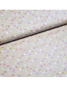 Tissu, Popeline de Coton Champignons et Fleurs, Gris, Laize 150 cm, 100% Coton 195g/m²