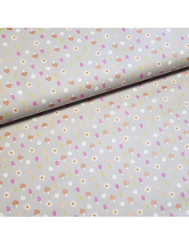 Tissu, Popeline de Coton Champignons et Fleurs, Gris, Laize 150 cm, 100% Coton 195g/m²