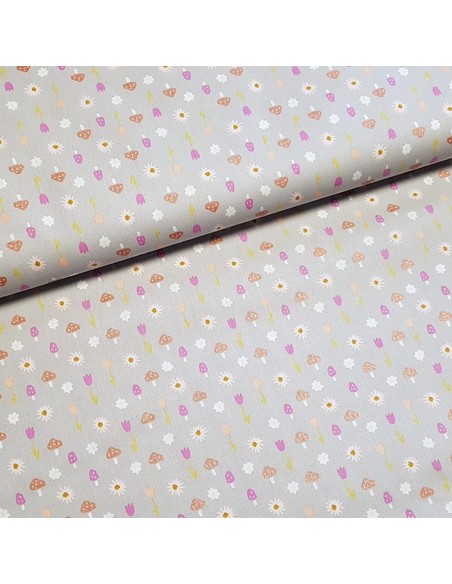 Tissu, Popeline de Coton Champignons et Fleurs, Gris, Laize 150 cm, 100% Coton 195g/m²