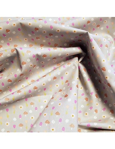 Tissu, Popeline de Coton Champignons et Fleurs, Gris, Laize 150 cm, 100% Coton 195g/m²