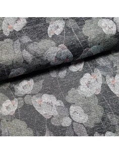 Tissu, Jersey Fleuri Style Japonais Pailleté, Éclat Métallique, Laize 150 cm, Polyester Viscose Stretch