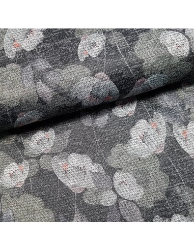 Tissu, Jersey Fleuri Style Japonais Pailleté, Éclat Métallique, Laize 150 cm, Polyester Viscose Stretch