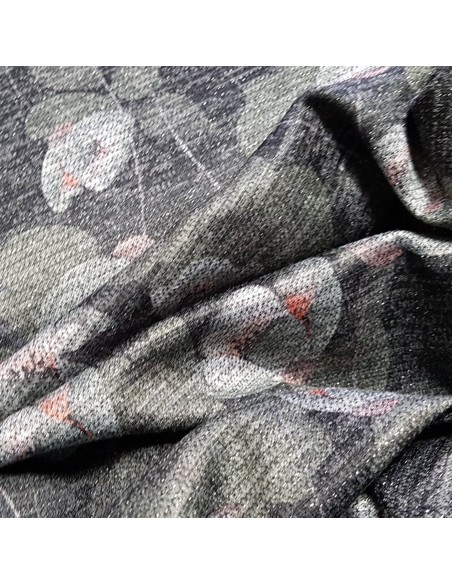 Tissu, Jersey Fleuri Style Japonais Pailleté, Éclat Métallique, Laize 150 cm, Polyester Viscose Stretch
