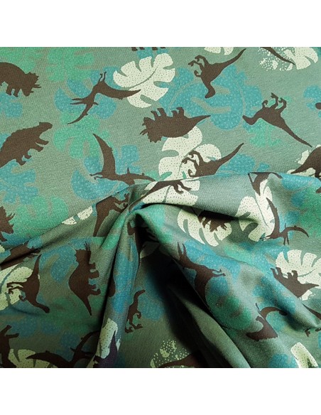 Tissu, Jersey de Coton Imprimé Dinosaures, Vert Kaki, Laize 150 cm, Coton Stretch Oeko-Tex