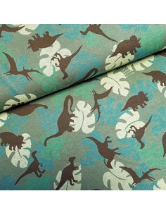 Tissu, Jersey de Coton Imprimé Dinosaures, Vert Kaki, Laize 150 cm, Coton Stretch Oeko-Tex