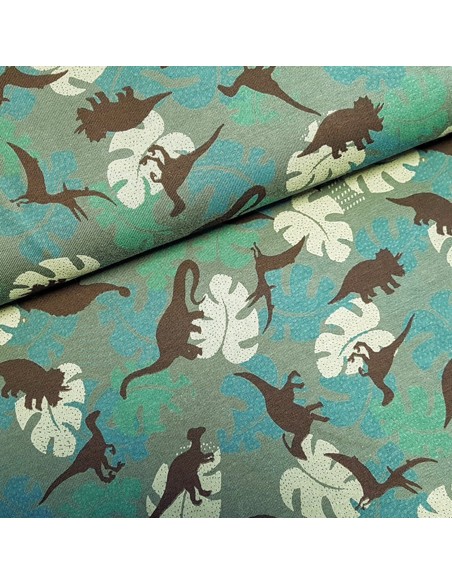 Tissu, Jersey de Coton Imprimé Dinosaures, Vert Kaki, Laize 150 cm, Coton Stretch Oeko-Tex