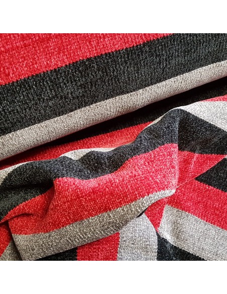 Tissu, Lainage Rayures, Rouge Noir Gris, Laize 150 cm, 100% Polyester