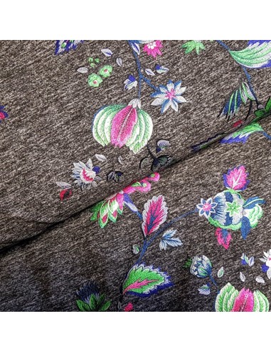 Tissu, Jersey Fleuri Japonais Brillant, Gris, Laize 150 cm, Polyester Coton Spandex Oeko-Tex