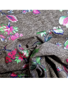 Tissu, Jersey Fleuri Japonais Brillant, Gris, Laize 150 cm, Polyester Coton Spandex Oeko-Tex 2