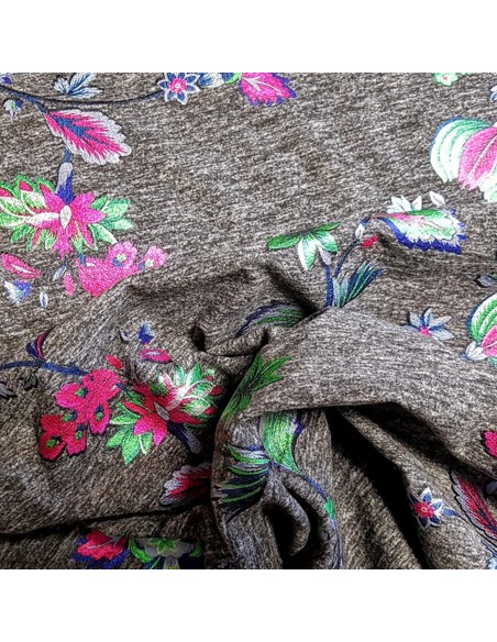 Tissu, Jersey Fleuri Japonais Brillant, Gris, Laize 150 cm, Polyester Coton Spandex Oeko-Tex