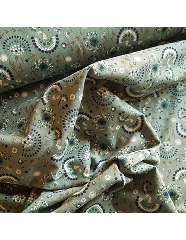 Tissu, Jersey de Coton Imprimé Pissenlits, Vert Olive, Laize 150 cm, Coton Stretch Oeko-Tex