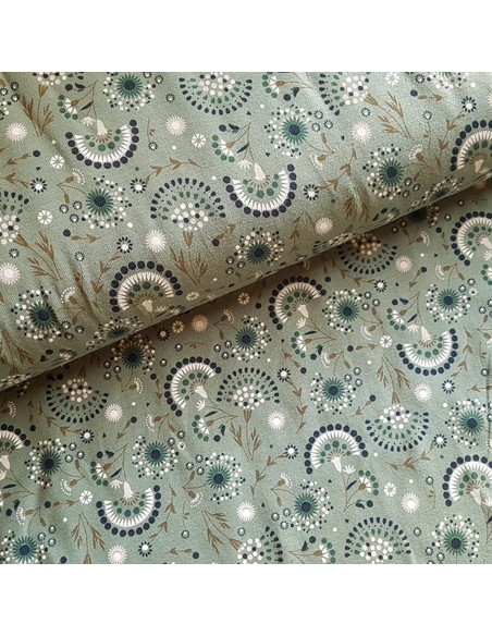 Tissu, Jersey de Coton Imprimé Pissenlits, Vert Olive, Laize 150 cm, Coton Stretch Oeko-Tex