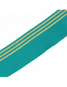 Bande bord-côte, À trois bandes dorées, Bleu canard, 135 cm x 70 mm, Coton/Élasthanne/Lurex 2