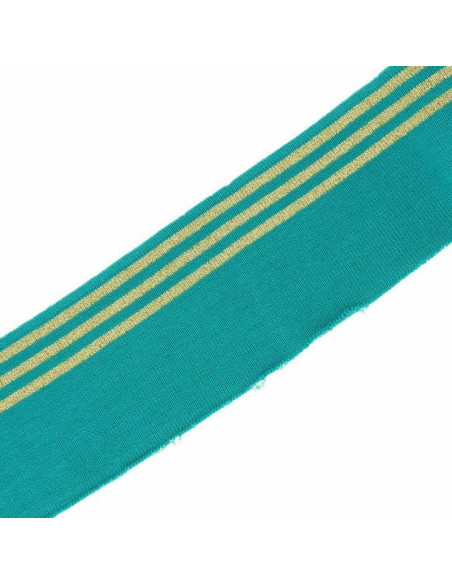 Bande bord-côte, À trois bandes dorées, Bleu canard, 135 cm x 70 mm, Coton/Élasthanne/Lurex