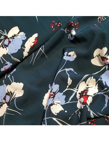 Tissu, Viscose Fleuri, Bleu Canard Foncé, Laize 145 cm, 100% Viscose 174g/m²