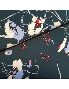 Tissu, Viscose Fleuri, Bleu Canard Foncé, Laize 145 cm, 100% Viscose 174g/m²
