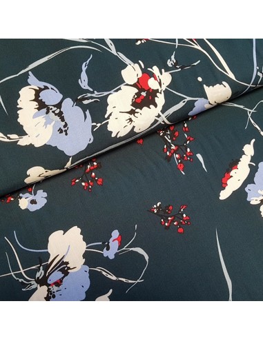 Tissu, Viscose Fleuri, Bleu Canard Foncé, Laize 145 cm, 100% Viscose 174g/m²