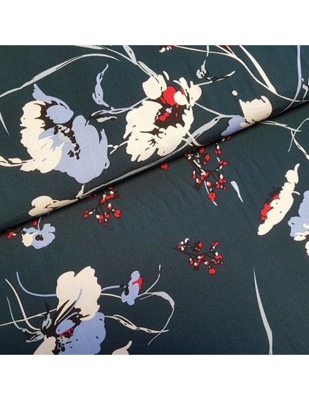 Tissu, Viscose Fleuri, Bleu Canard Foncé, Laize 145 cm, 100% Viscose 174g/m²