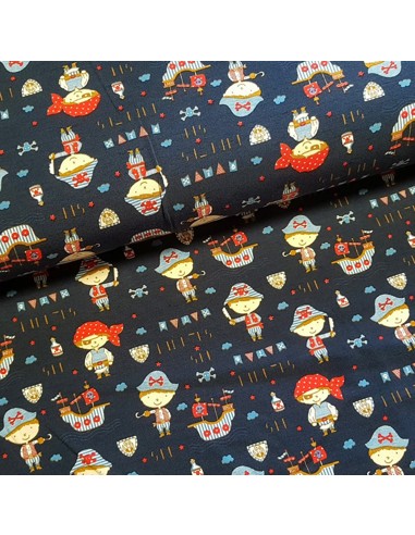 Tissu, Jersey de Coton Imprimé Pirates, Bleu Marine Sea Pirates, Laize 150 cm, Coton Stretch Oeko-Tex