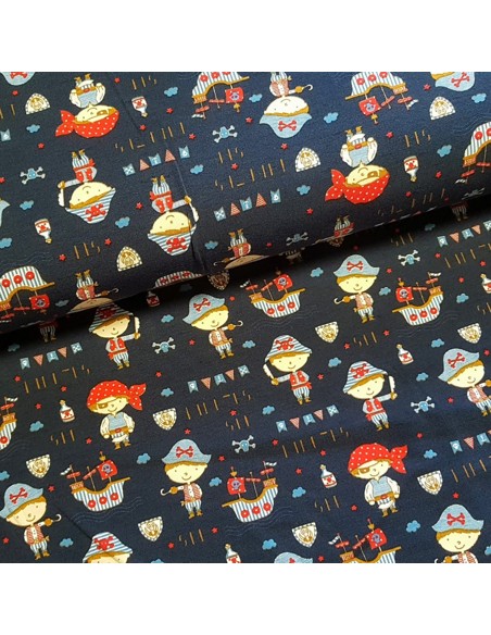 Tissu, Jersey de Coton Imprimé Pirates, Bleu Marine Sea Pirates, Laize 150 cm, Coton Stretch Oeko-Tex