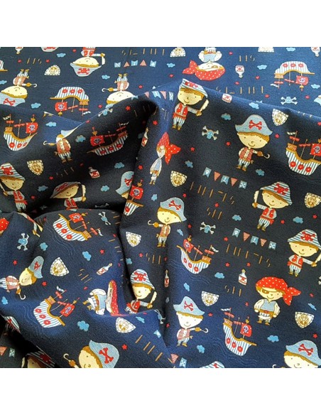Tissu, Jersey de Coton Imprimé Pirates, Bleu Marine Sea Pirates, Laize 150 cm, Coton Stretch Oeko-Tex