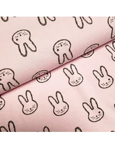 Tissu, Sweat Épais Lapins, Rose, Laize 150 cm, 50% Coton 50% Polyester