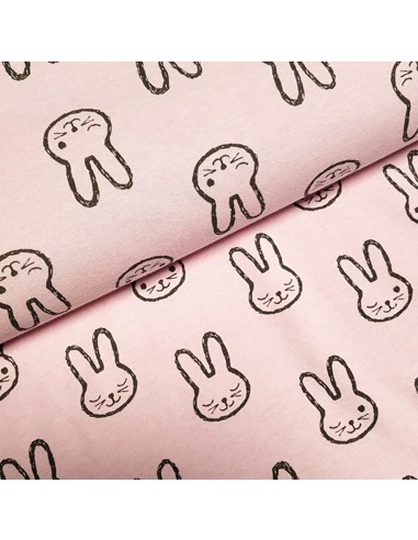 Tissu, Sweat Épais Lapins, Rose, Laize 150 cm, 50% Coton 50% Polyester