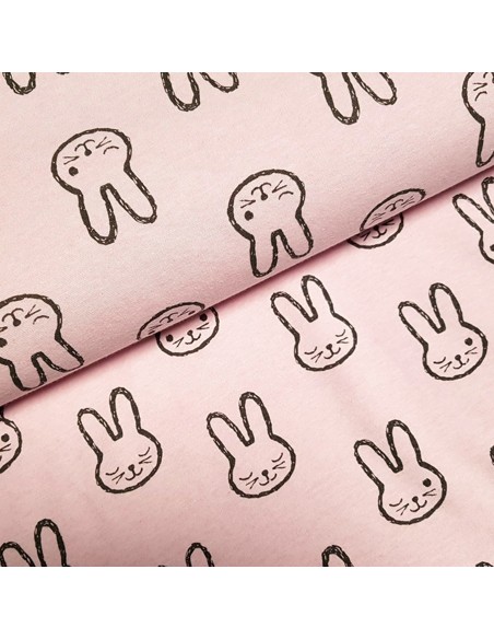 Tissu, Sweat Épais Lapins, Rose, Laize 150 cm, 50% Coton 50% Polyester