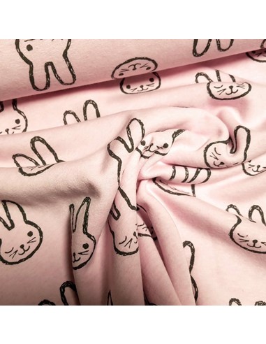 Tissu, Sweat Épais Lapins, Rose, Laize 150 cm, 50% Coton 50% Polyester