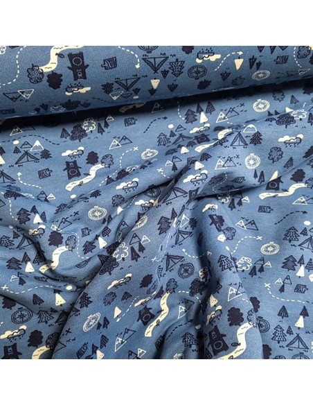 Tissu, Sweat Imprimé Ours Chasseur, Bleu Jeans, Laize 150 cm, 95% Coton Bio 5% Spandex Oeko-Tex