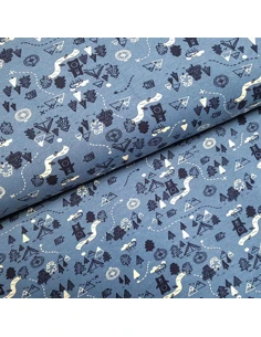 Tissu, Sweat Imprimé Ours Chasseur, Bleu Jeans, Laize 150 cm, 95% Coton Bio 5% Spandex Oeko-Tex