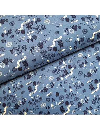 Tissu, Sweat Imprimé Ours Chasseur, Bleu Jeans, Laize 150 cm, 95% Coton Bio 5% Spandex Oeko-Tex