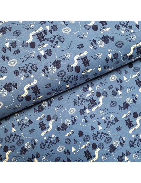 Tissu, Sweat Imprimé Ours Chasseur, Bleu Jeans, Laize 150 cm, 95% Coton Bio 5% Spandex Oeko-Tex