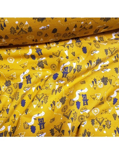 Tissu, Sweat Ours Chasseur, Jaune Moutarde, Laize 150 cm, Coton Bio Oeko-Tex