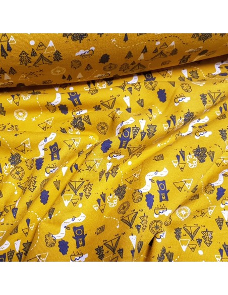 Tissu, Sweat Ours Chasseur, Jaune Moutarde, Laize 150 cm, Coton Bio Oeko-Tex