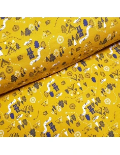 Tissu, Sweat Ours Chasseur, Jaune Moutarde, Laize 150 cm, Coton Bio Oeko-Tex