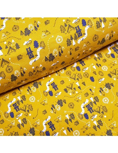 Tissu, Sweat Ours Chasseur, Jaune Moutarde, Laize 150 cm, Coton Bio Oeko-Tex