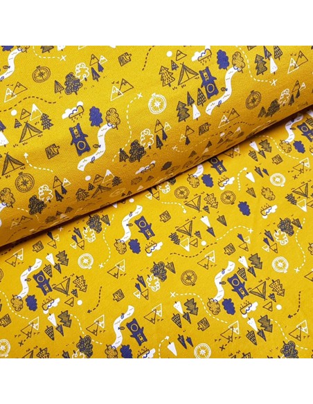 Tissu, Sweat Ours Chasseur, Jaune Moutarde, Laize 150 cm, Coton Bio Oeko-Tex