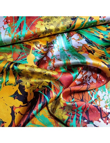 Tissu, Soie Véritable Imprimée Floral Feuilles, Fond Brique, Laize 140 cm, 95% Soie 5% Spandex