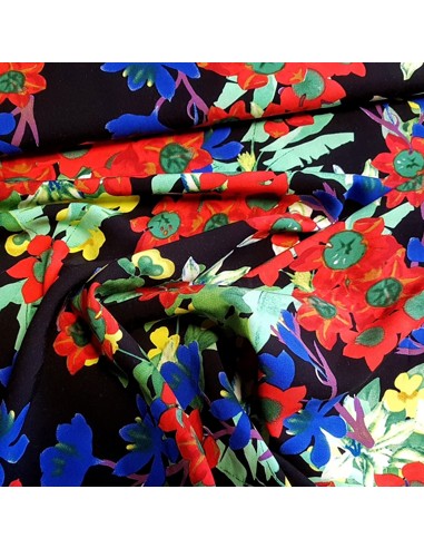 Tissu, Viscose Fleuri, Noir, Laize 150 cm, 100% Viscose