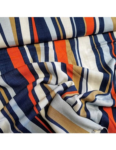 Tissu, Viscose Rayures, Bleu Orange Blanc, Laize 150 cm, 100% Viscose