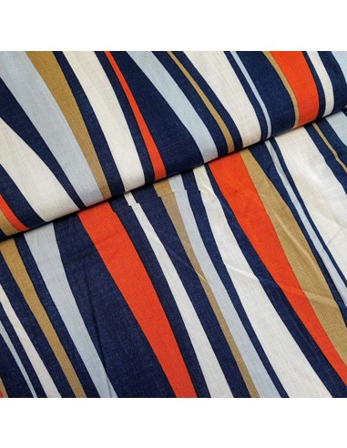 Tissu, Viscose Rayures, Bleu Orange Blanc, Laize 150 cm, 100% Viscose